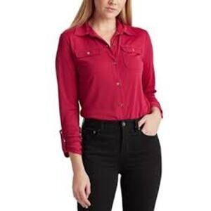 Lauren Ralph Lauren red roll tab sleeve button up blouse career wear Size XL